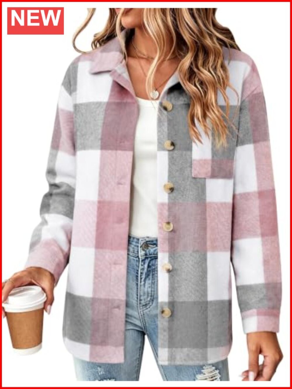 Women's Plaid Flannel Shacket Jacket Long Sleeve Button Down Casual
